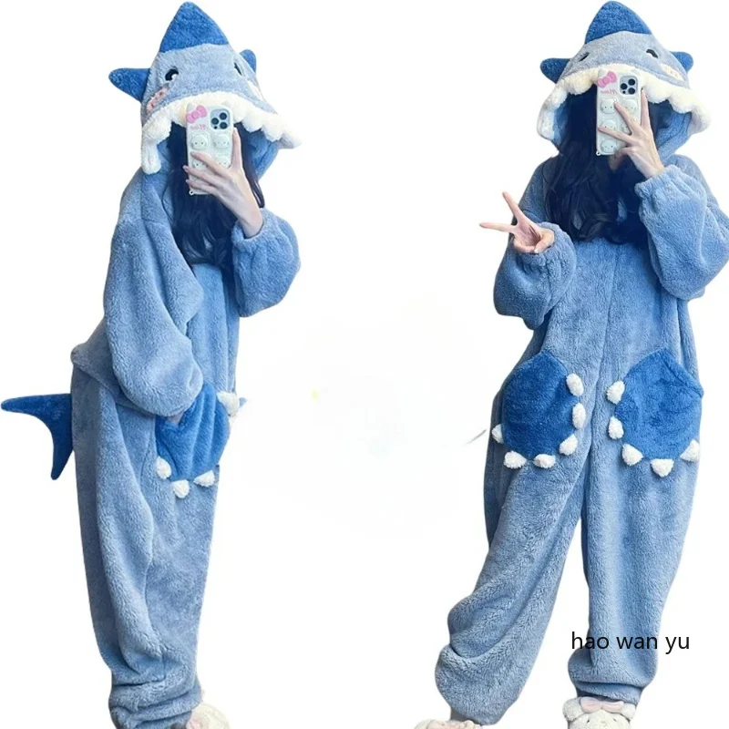 Cartoon Cute Shark Women's Hooded Sleepwear Winter Cosplay Pijama Jumpsuit Female Christmas Party Loungewear Student Sleepwear