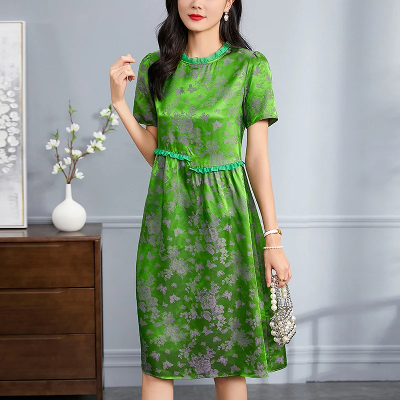 

2024 Summer Women's Vintage Dresses Elegant Fashion Short Sleeve Woman Floral Dress A-line 45% Real Silk Female Long Midi Dress