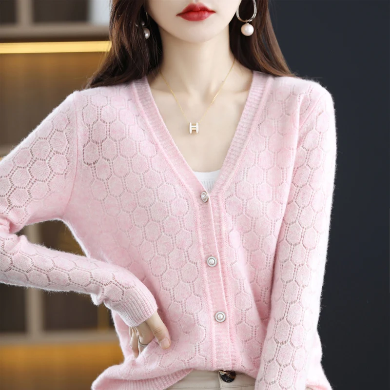 DjzDsm 100% Pure Woolen Sweater Autumn Snd Winter New Hollowed Out Women\'s Fashion Cardigan V-Neck Casual Knitted Wool Top