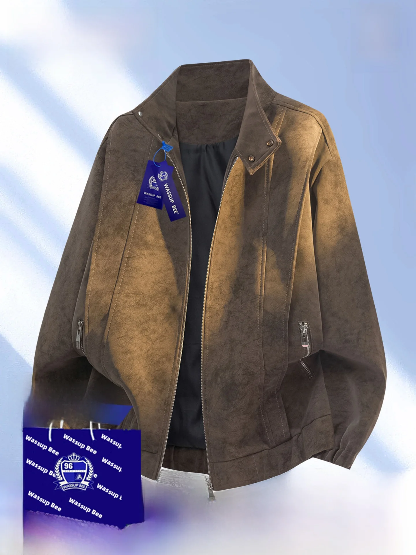 

Wassup Bee American Retro PU Leather Jaet Men's Oversized Fce Lined Coat Trendy Brand Autumn Winter Large Size Jaet