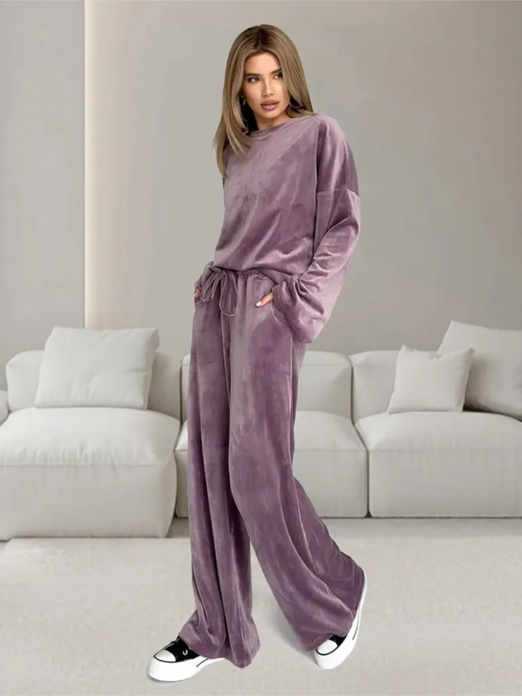 

Velvet Pullovers Top Wide Leg Pant Set Women Pajamas New Autumn O-neck Loose Sweatshirt + Trouser 2 Piece Set Homewear Outfits