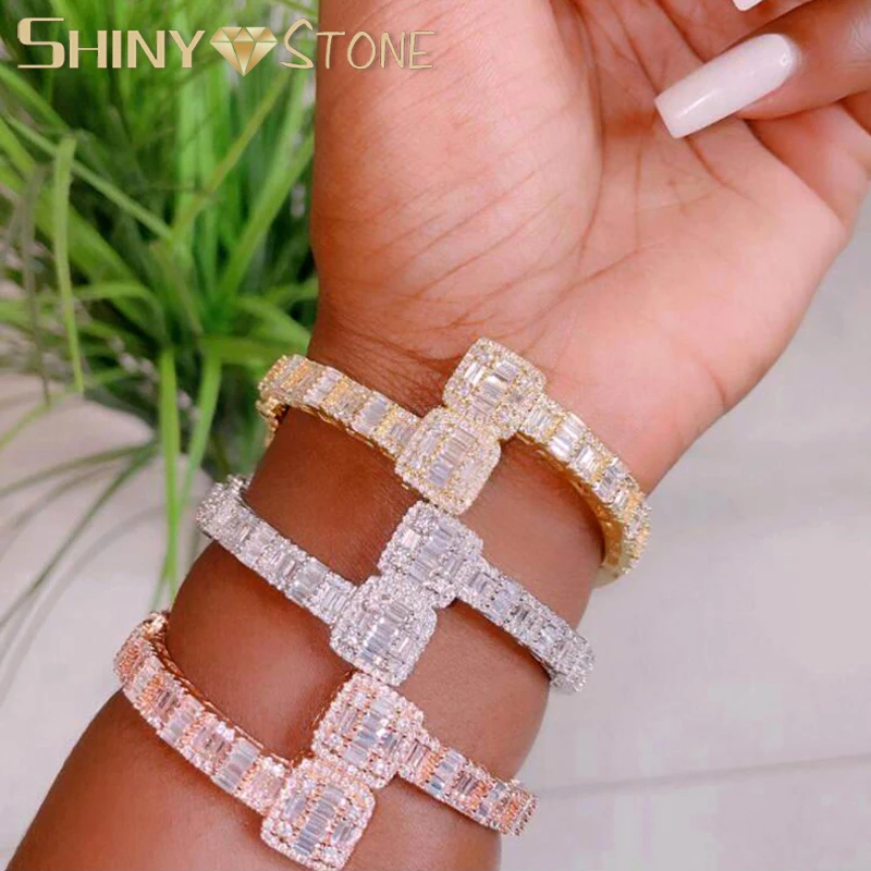 New Iced Out Bling Opened Square Zircon Charm Bangle Gold Silver Plated Rectangle AAA CZ Bracelet For Men Women Hiphop Jewelry