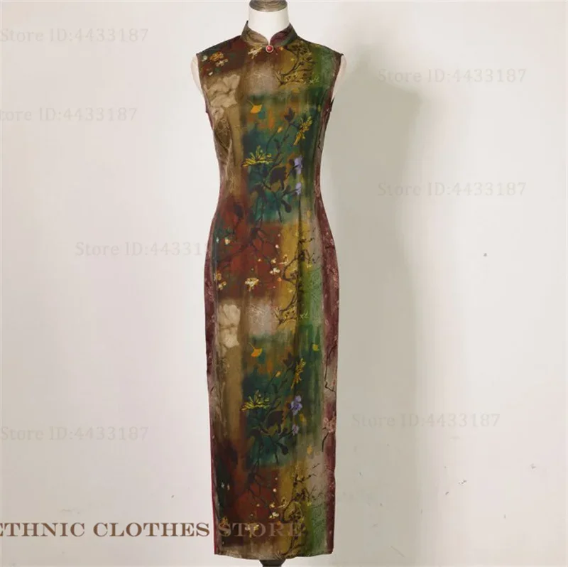 

Сексуальное улучшенное тонкое Ципао Vestidos с ретро-принтом и цветком, длинное Cheongsam, традиционное китайское платье, женская одежда, костюм для сценического шоу