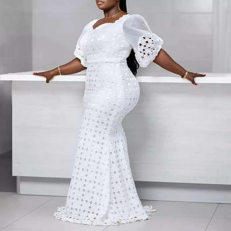 

Elegant Spring Women Outfit Chic Bubble Sleeve Solid Tone Lace Cut Out Bodycon Jumpsuit Dress Stylish Instagram Look