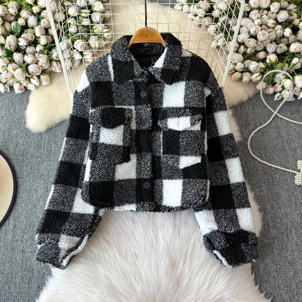 Women's Winter 2024 New Popular Lamb Fleece Loose Casual Cotton Thickened Checkered Coat Jackets