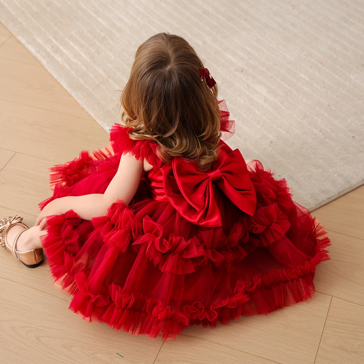 

Girl's Birthday One-Year-Old Party Flutter Sleeve Tulle Princess Dress Children's Masquerade Festival Costume Red Dress Flower Girl Wedding Dress