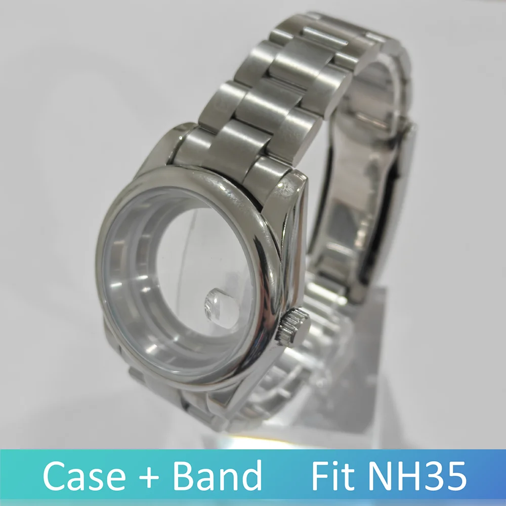 

For NH35 Case 39mm For Oyster Watch Cases 316L Stainless Steel Sapphire Glass Transparent bottom shell With calendar Strap parts