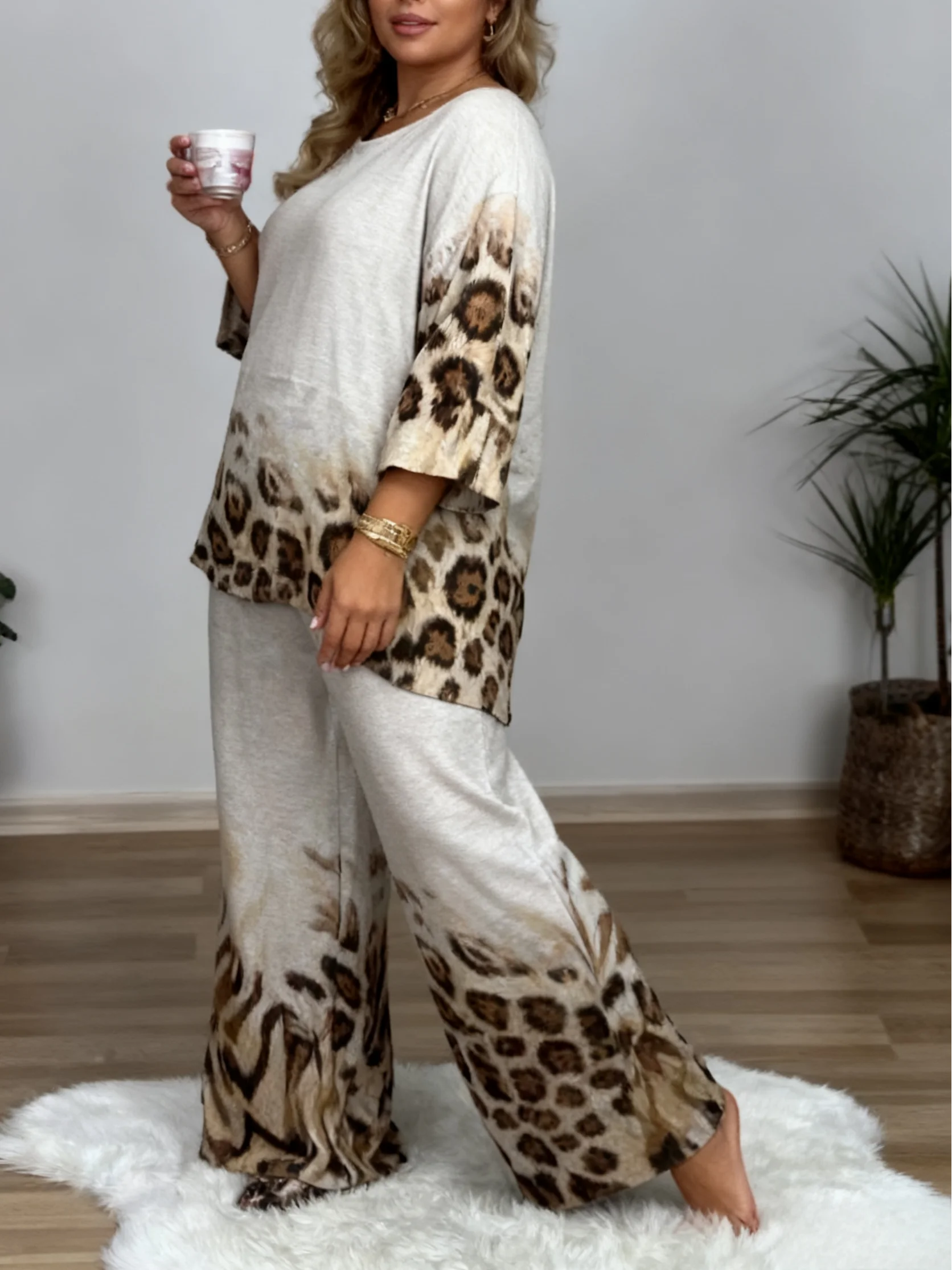 طقم مكون من قطعتين للنساء مقاس كبير، مرقع متدرج بطباعة الفهد، طقم سراويل طويلة فضفاضة وغير رسمية