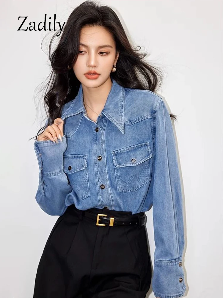 Minimalist Long Sleeve Women Denim Shirt Spring Vintage Button Up Loose Tunic Pocket Autumn Casual Turn Down Collar Clothing Top