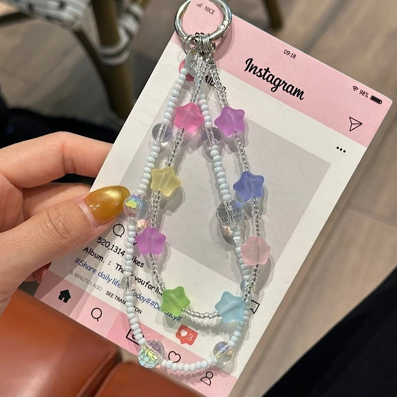 

Fashionable Dopamine Color Beaded Flower Phone Chain Keychain Stylish Versatile Short Double-layered Crystal Phone Lanyard