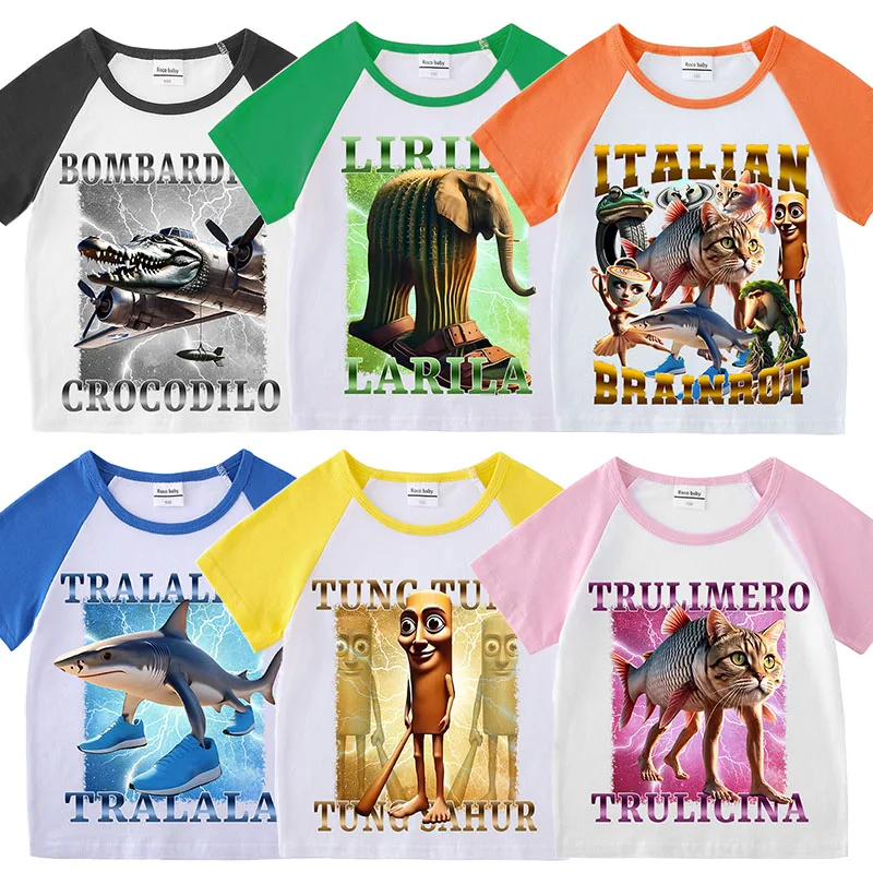 

Italian Brainrot T-shirt Children Clothing Tung Tung Tung Sahur Anime Short Sleeve Crocodile Bomber Telala Shark Trendy Tee Top