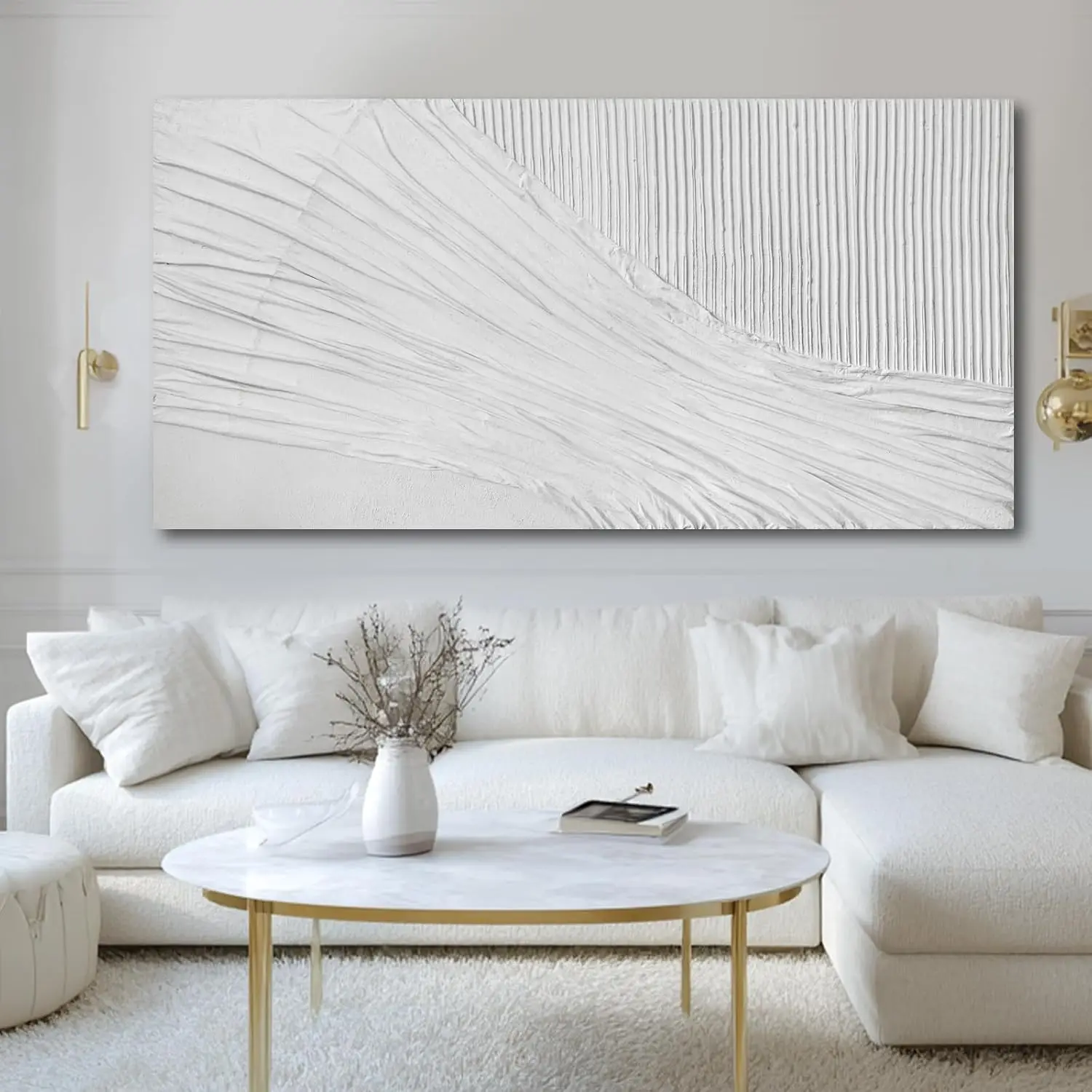 Large 29x58 White Abstract Textured 3D Pattern Neutral Modern Canvas Wall Art Framed Decor Living Room Bedroom Entryway