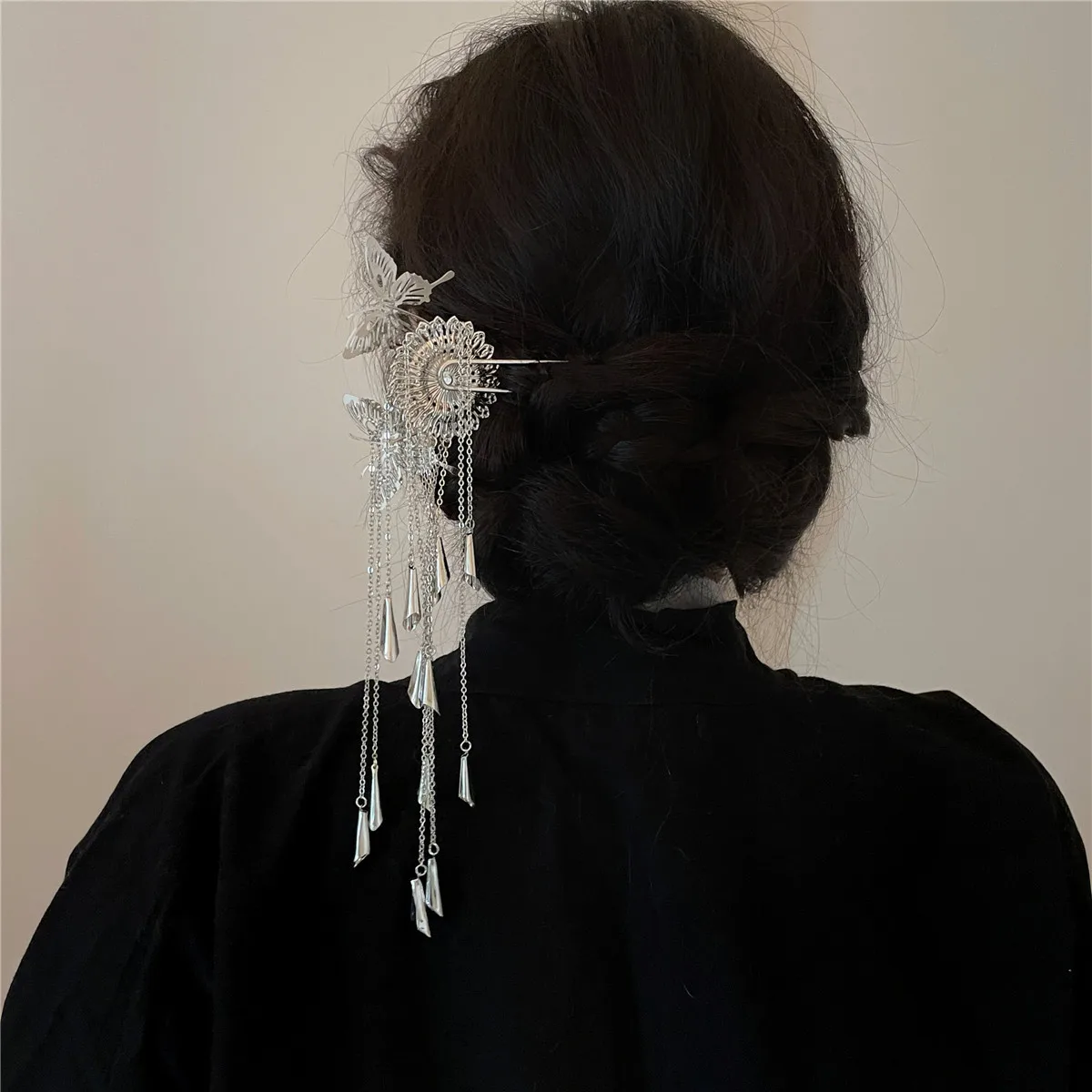 Vintage U Shape Hairpin Metal Butterfly Tassel Long Hair Stick for Hanfu Traditional Style Premium Lightweight Daily Use