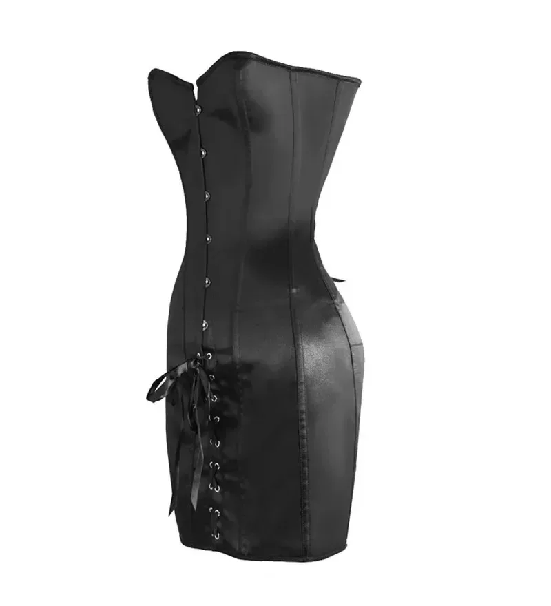 Corsé de mujer con varillas de acero, de satén negro, con cordones, para torso largo, tipo bustier, top moldeador de cuerpo