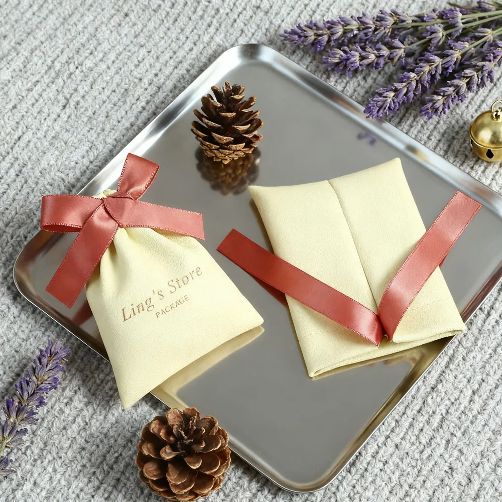 

100Pcs Custom Logo Jewelry Drawstring Flannel Bags Velvet Silk Bowknot Pouch for Bracelet Earrings Soap Organizer Wedding Favors