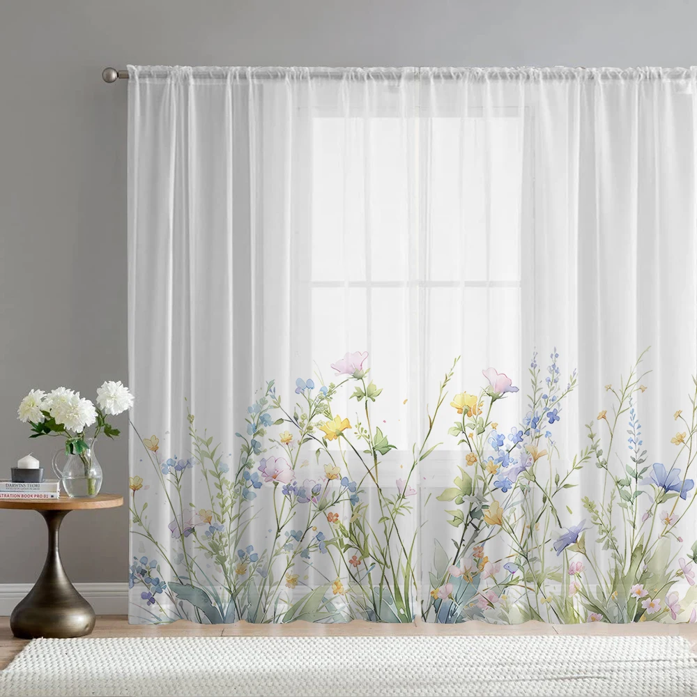 2PCS Home decoration printed window screens, elegant flowers, with pole bags, suitable for kitchens, cafes, and living rooms