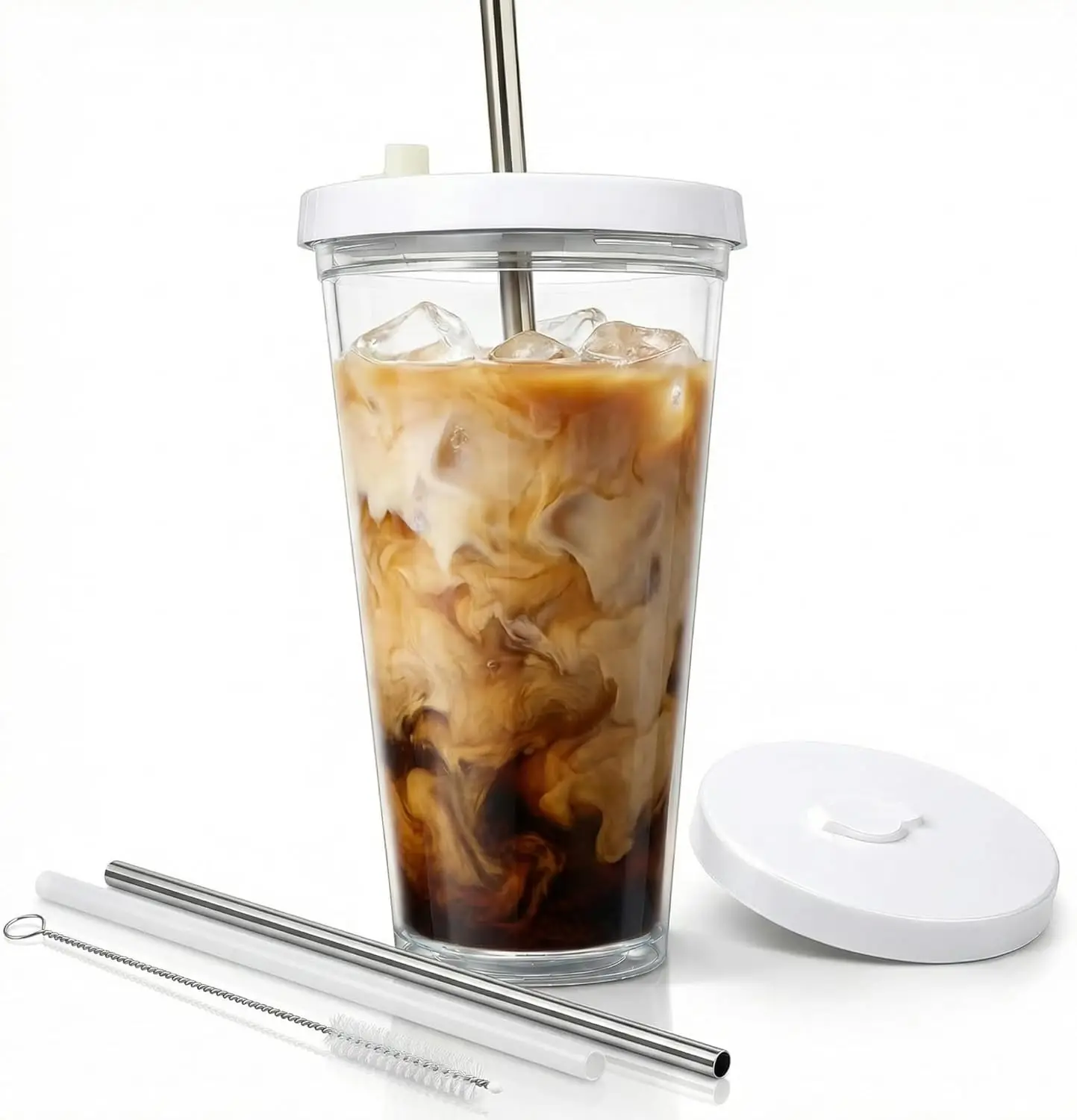 

Reusable Iced Coffee Cup with Lid and Straw, 24 oz Double-Wall Insulated Tumbler for Cold Drinks, with Plastic and Stainless