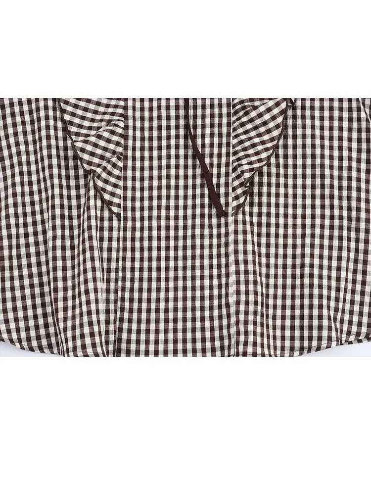 HH mujer 2026 moda Retro suelta versátil cuello redondo a cuadros apilados camisa decorativa mujeres temperamento Casual Top de manga larga