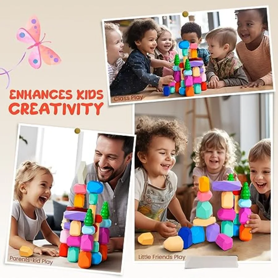Wooden Stacking Rocks 40 Pcs Montessori Sensory Learning Toys for 39 Years Old Balance Building Blocks Educational STEM Toys fo