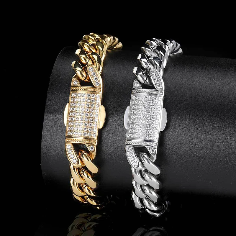 

Hip Hop Claw Set 5A+ CZ Stone Bling Iced Out 12MM Stainless Steel Round Curb Cuban Link Chain Bracelets for Men Rapper Jewelry