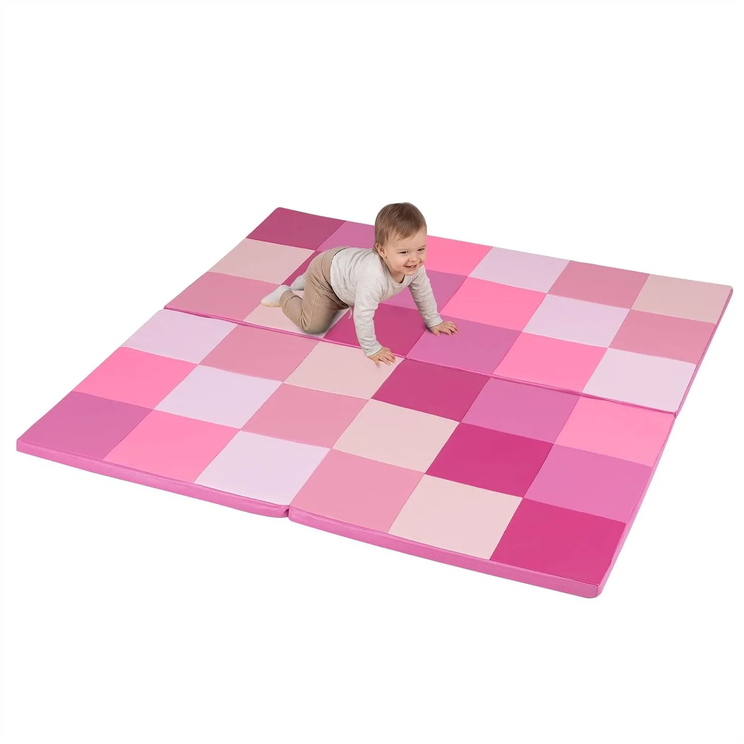 Toddler Foam Play Mat, Foldable Pink Baby Crawling Mats 58-Inch Square Soft Non Skid Daycare Floor Mat, Thicken Waterproof