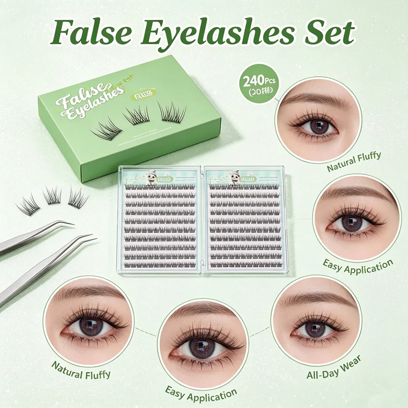 Glue-free Fishtail False Eyelashes 240 Clusters, Self-Stick Segmented Lash Clusters, Soft Airy Lashes for Beginners 10-12mm
