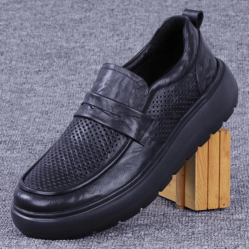 Men's Summer Thick Bottom Soft Surface Leather Shoes Breathable Casual Shoes Easy to Wear round Toe Rubber Outsole Fashionable