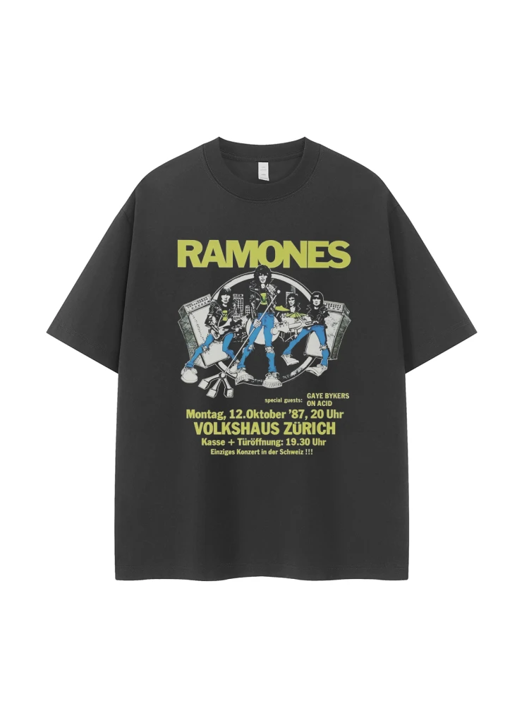 Ramos Band Retro American Street Punk Rock Short Sleeve T-Shirt Portrait Design Casual Fashion Breathable Cotton Tee for Youth
