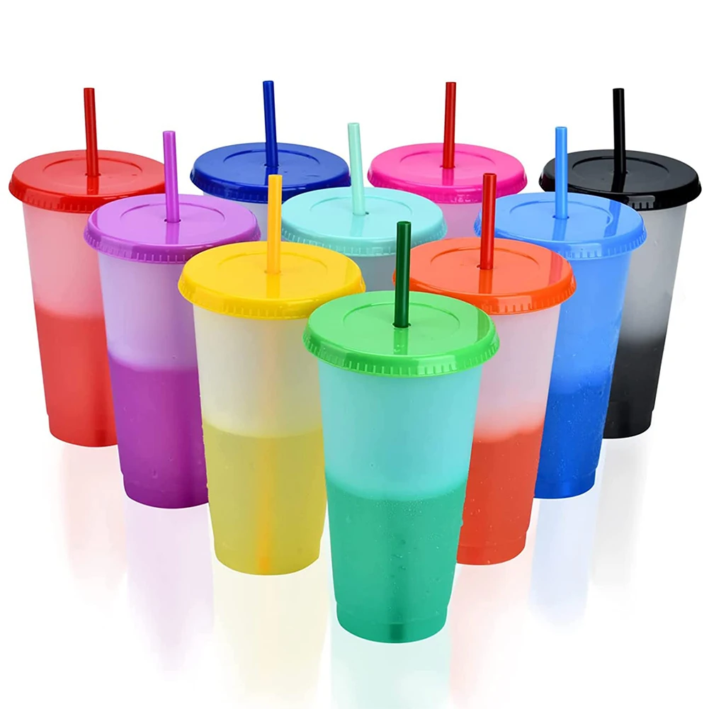 10 Uds. Tazas que cambian de Color con tapas y pajitas, vasos de plástico de 710ml, bonitas tazas de café helado, tazas reutilizables a granel para capuchino