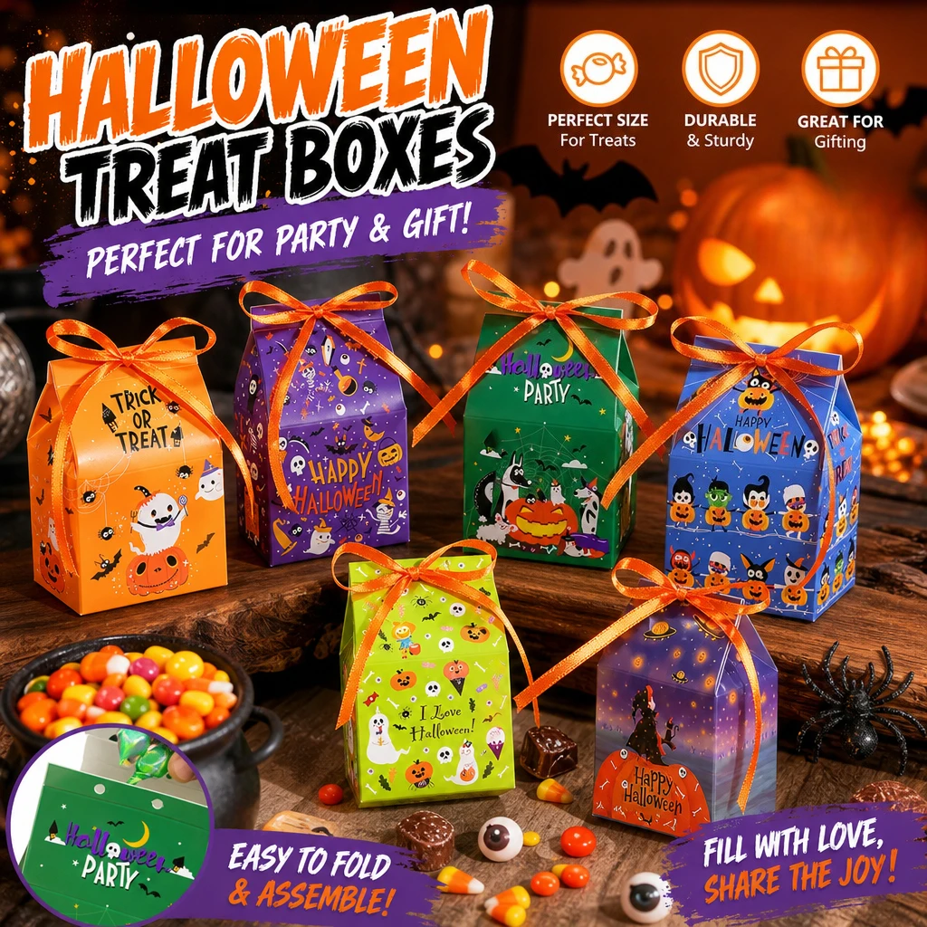 Halloween Candy Gift Boxes with Ribbon Pumpkin Ghost Witch Pattern Mini House Paper Treat Boxes Kids Party Snack Packaging Box