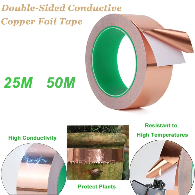 25/50M Copper Foil Tape Double-Sided Conductive Adhesive Copper Tape For Stained Glass EMI Shielding Electrical Repairs DIY Slug