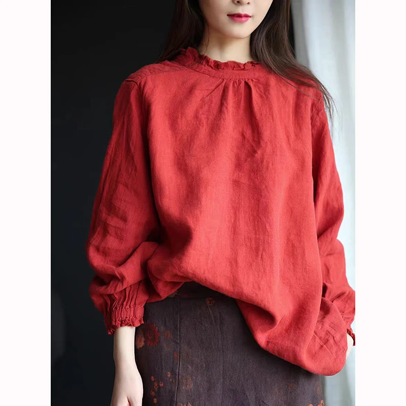 

New Spring Arts Style Women Stand Collar Loose Single Breasted Casual Shirts Good Quality Cotton Linen Blouse Female Tops Jm004