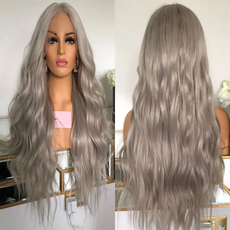 Silver Grey Loose Wave Hair Wig Synthetic 13x4 Lace Front Wigs High Quality Heat Resistant Fiber Hair Middle Parting For Women