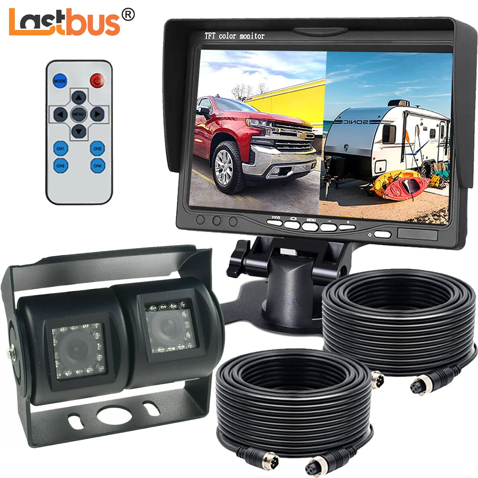 

Lastbus 7" Monitor Split 2 Screen+4 Pin Dual Head Reverse Backup Camera 2x 4Pin 10M Video Cable 12V-24V For Truck Bus RV