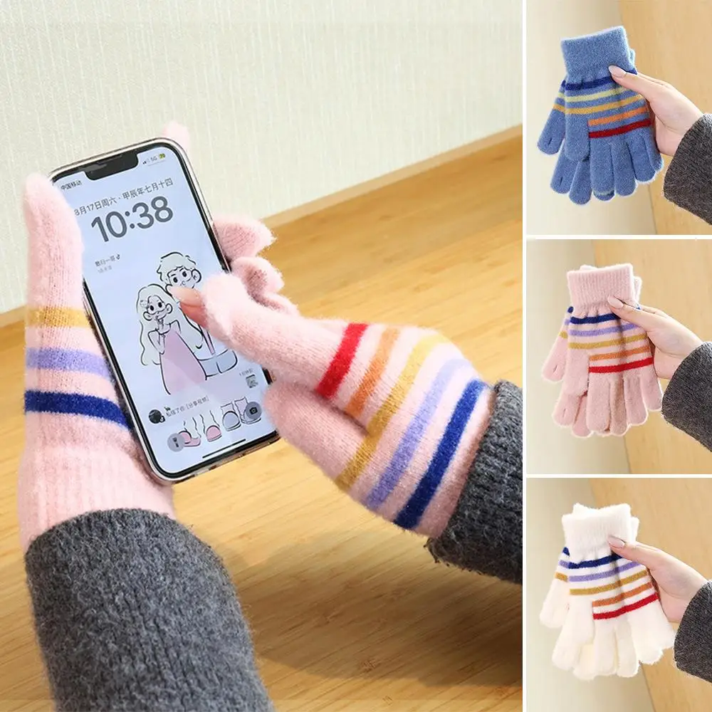 Cozy Rainbow Striped Knit Gloves with Small Openings on Fingers Winter Warm Students Gloves Unisex Touchscreen Gloves