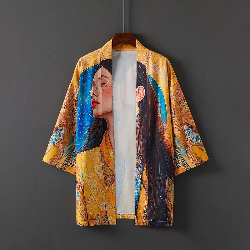 European and American Retro Loose Cartoon Anime Character Print Kimono Cardigan Haori Top Summer Women's Plus Size Beach Vacation Swimwear Outerwear Sun Protection Clothing