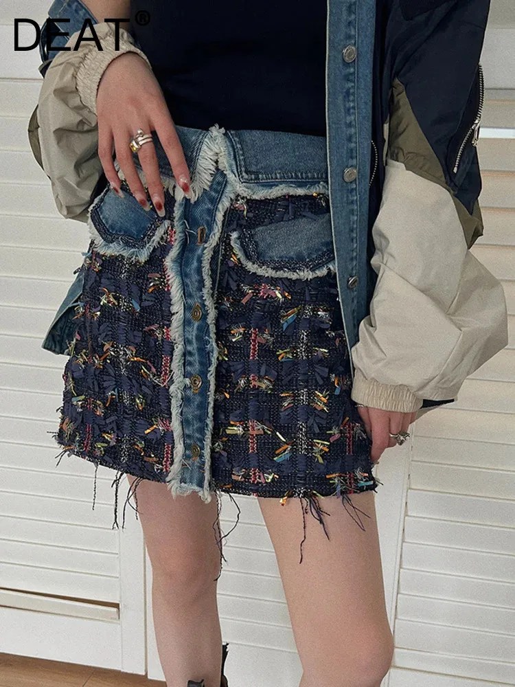 DEAT Fashion Women's Denim Skirt High Waist Lapel Tassel Single Breasted A-line Slim Mini Skirts Autumn 2024 New Tide 17A8419