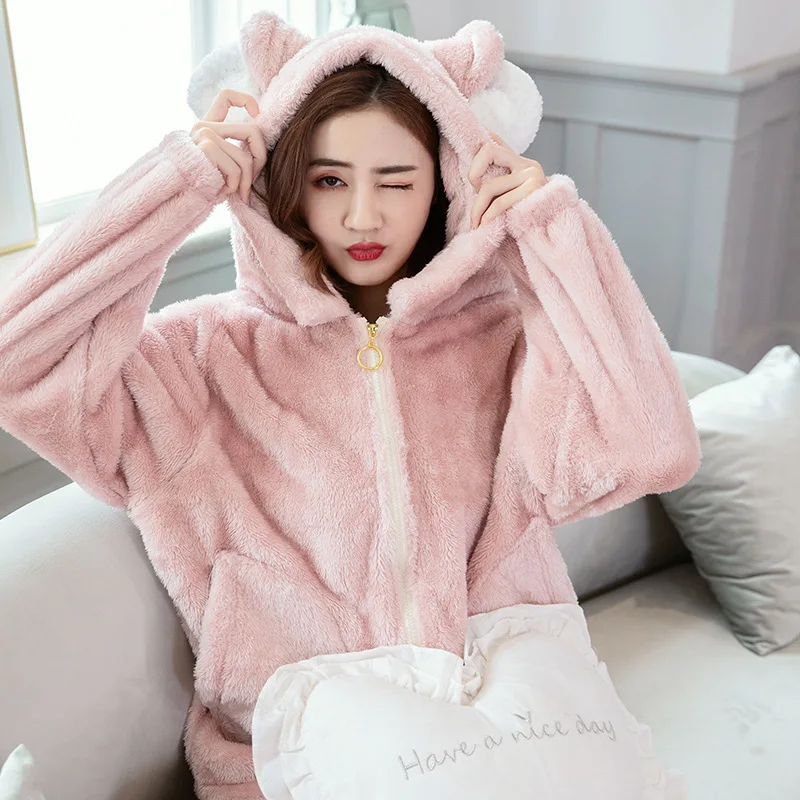 

Autunm Winter New Women Flannel Pajamas Female Long Sleeve Nightwear Lady Loose Casual Solid Sleepwear Homewear