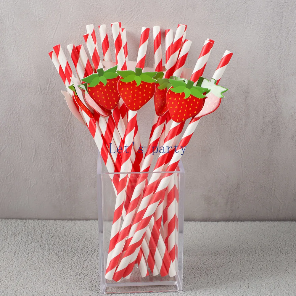 30Pcs Sweet Fruit Strawberry Theme Disposable Paper Straws Bar Drinking Straw for Kids Birthday Baby Shower Party Decoration