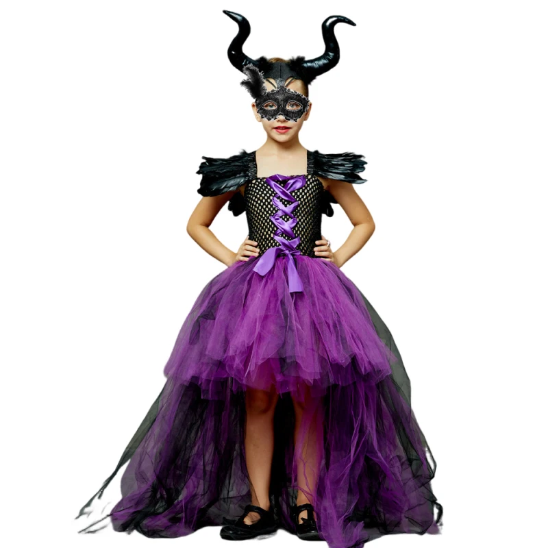 Halloween Costumes for Children Mesh Purple-black Dress Girls Woven Tulle Dress Evil Role Playing Outfits Luxury Gown