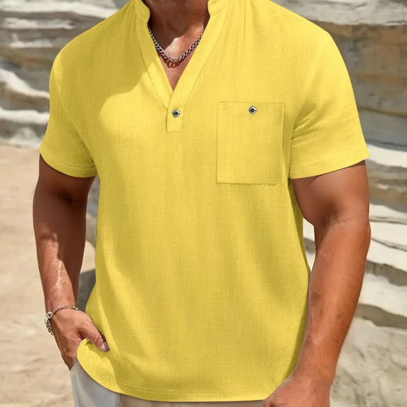 

Новая мужская футболка из хлопка и льна с коротким рукавом, доступна в различных цветах, модный повседневный топ для трансграничной торговли