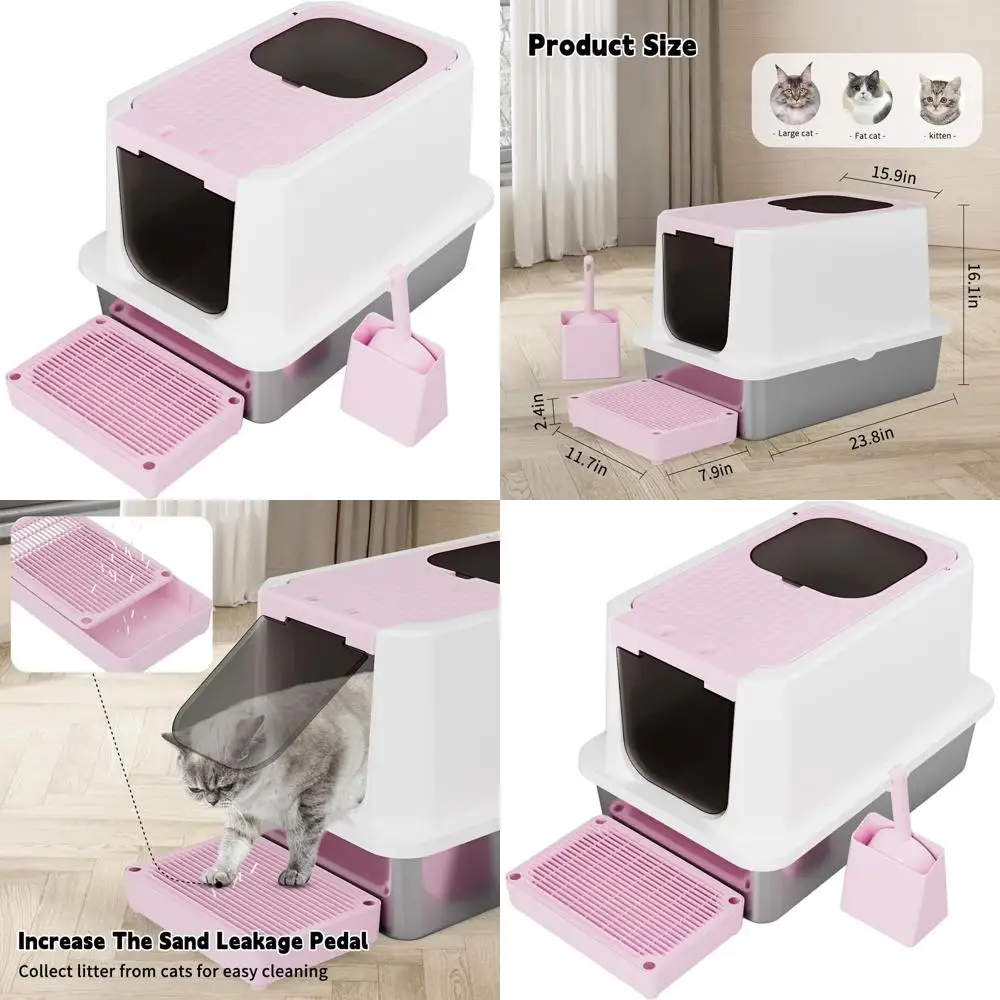 

Лоток для кошачьего туалета из нержавеющей стали с высокими бортами и контролем запаха для домов с несколькими кошками — большой, с входом сверху и спереди, с тефлоновым покрытием, розовый