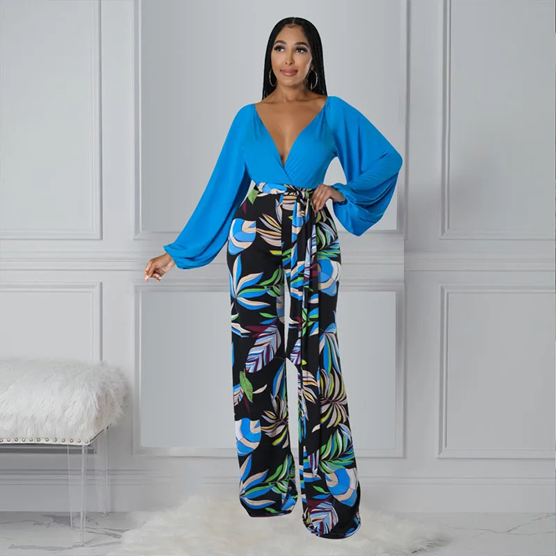 Ygolonger Spring Summer Solid Color Deep V Blouse Plus Printed Wide Leg Trousers 2Piece Pajamas Suit Long Sleeve Shirt Pants Set