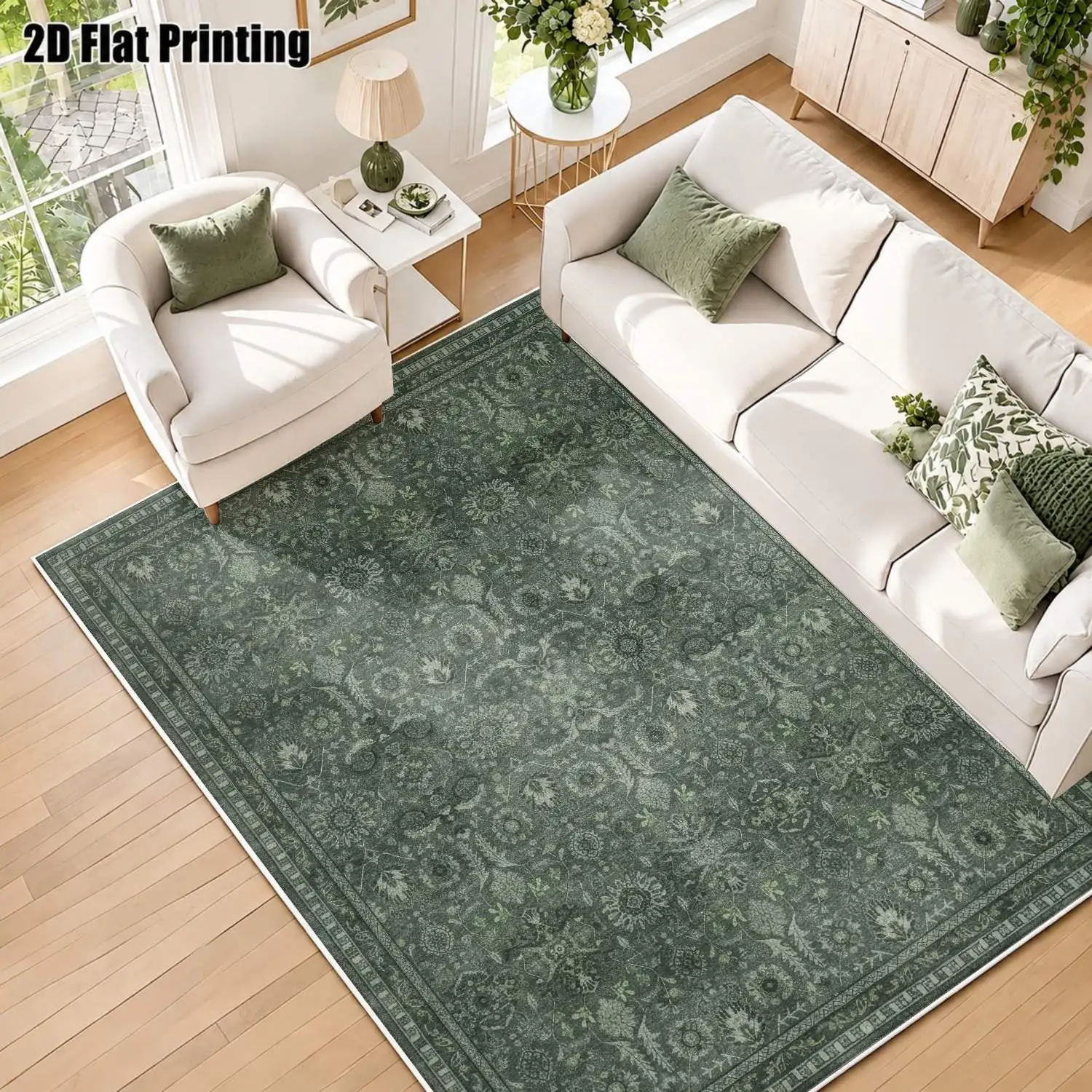 1Pc 2D Printed Deep Gray Retro Floral Velvet Carpet, Machine Washable, Multi-Size for Multi-Scene Use