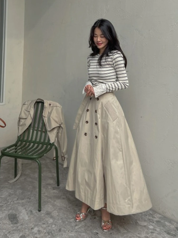 

Fall New Sle High Waist A-Line Skirt Women's Hong Kong Sle Retro Chic Double Button Belt Long Skirt Slimming Effect