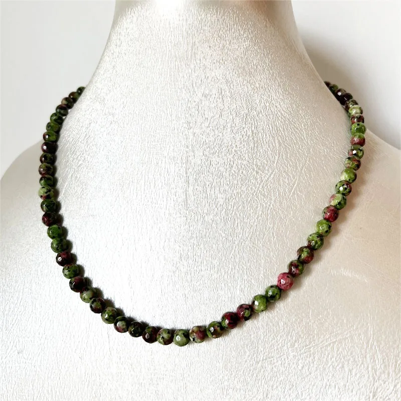 6MM Faceted Round Red Green Ruby Necklace Natural Stone Chocker Gemstone Beaded Mother Daughter 35/40/45/50/55cm