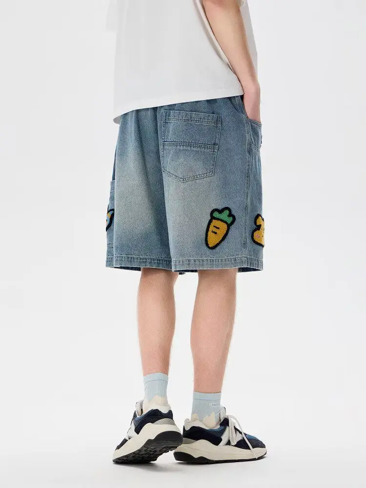 Summer Women's Cute Pattern Embroidered Denim Shorts Knee Length Streetwear Female Young Girls Mini Trousers High Waist Pants