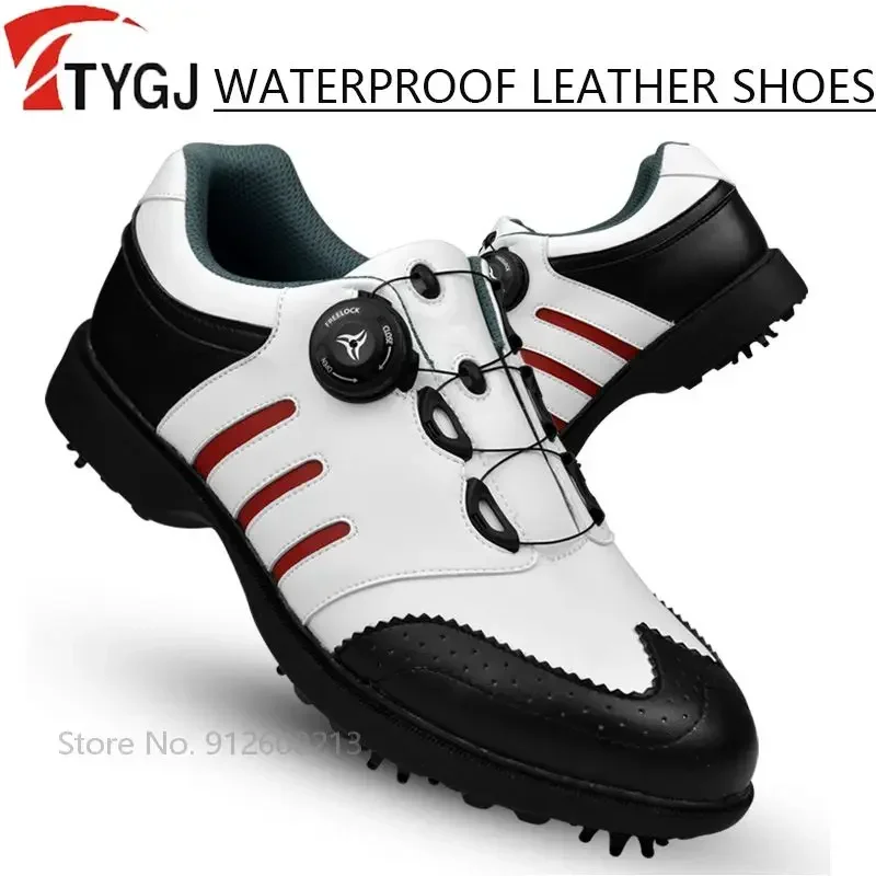 TTYGJ Men Breathable Knob Buckle Golf Shoes Male Waterproof Leather Sneakers Men Anti-skid Spikes Golf Shoes Outdoor Foortwear