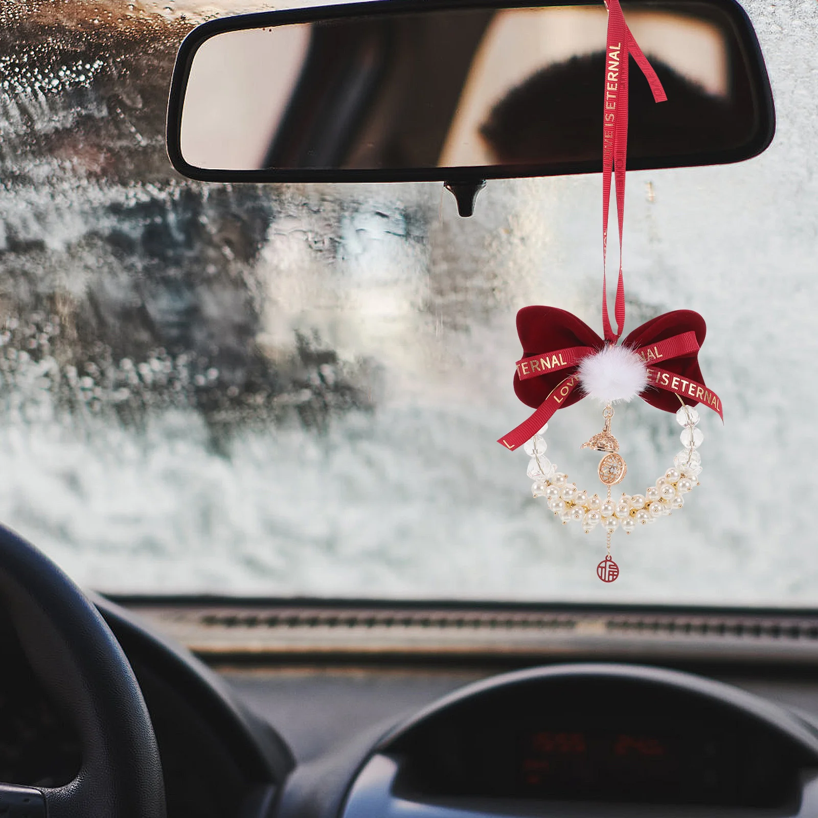 

Sparkly Car Mirror Hanging Ornament Crystal Bling Pendant with Bell Bowknot Lucky Charm for Women Automobile Interior Decoration