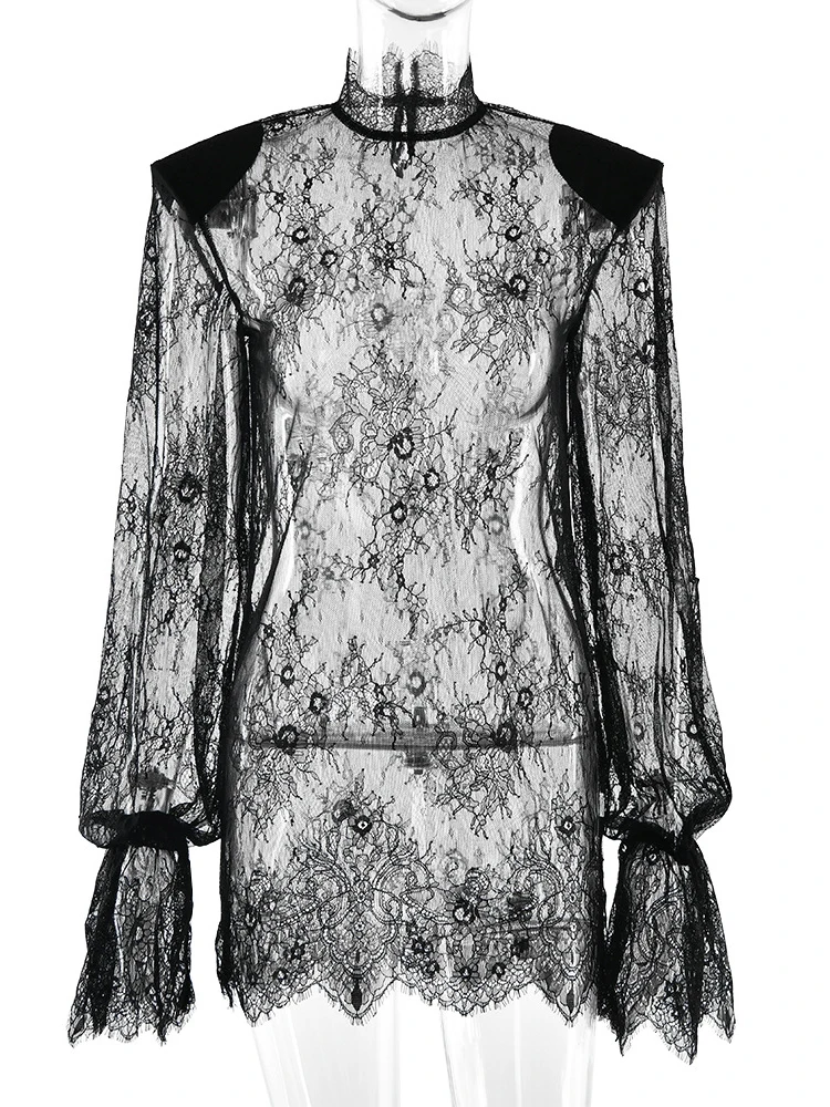 ジュリッサ・モ タートルネック セクシー シアー レース ミニドレス レディース ブラック 長袖 ショルダーパッド付きドレス ルーズ エレガント クラブ パーティードレス 2026